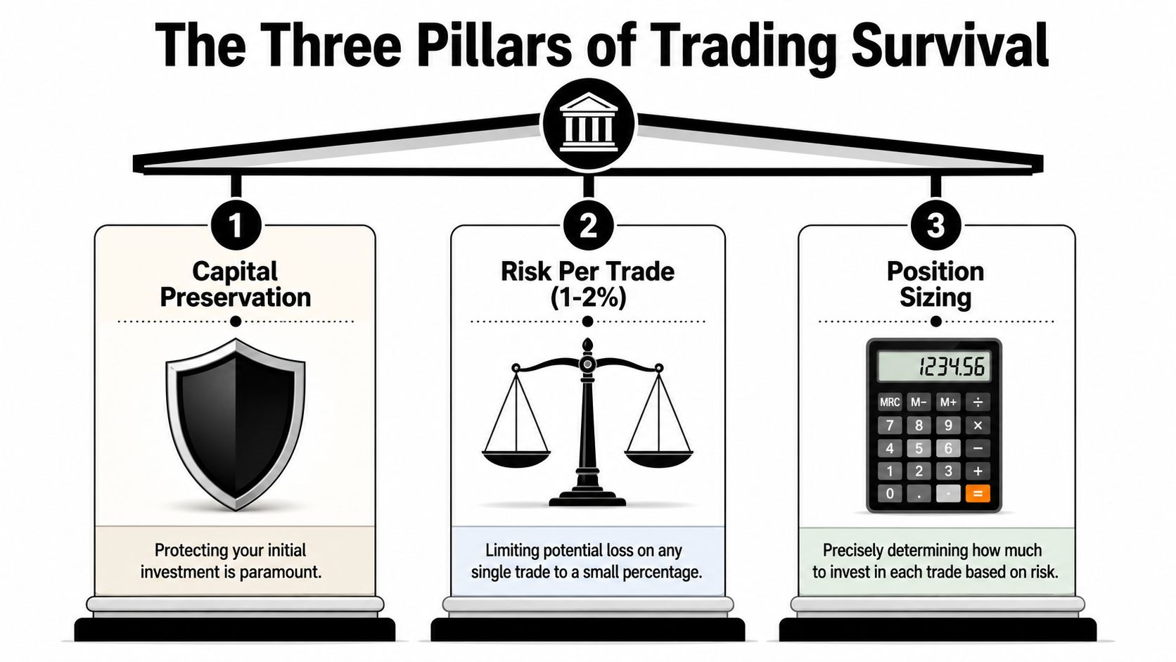 An infographic titled The Three Pillars of Trading Survival, displaying capital preservation, risk per trade, and position sizing.