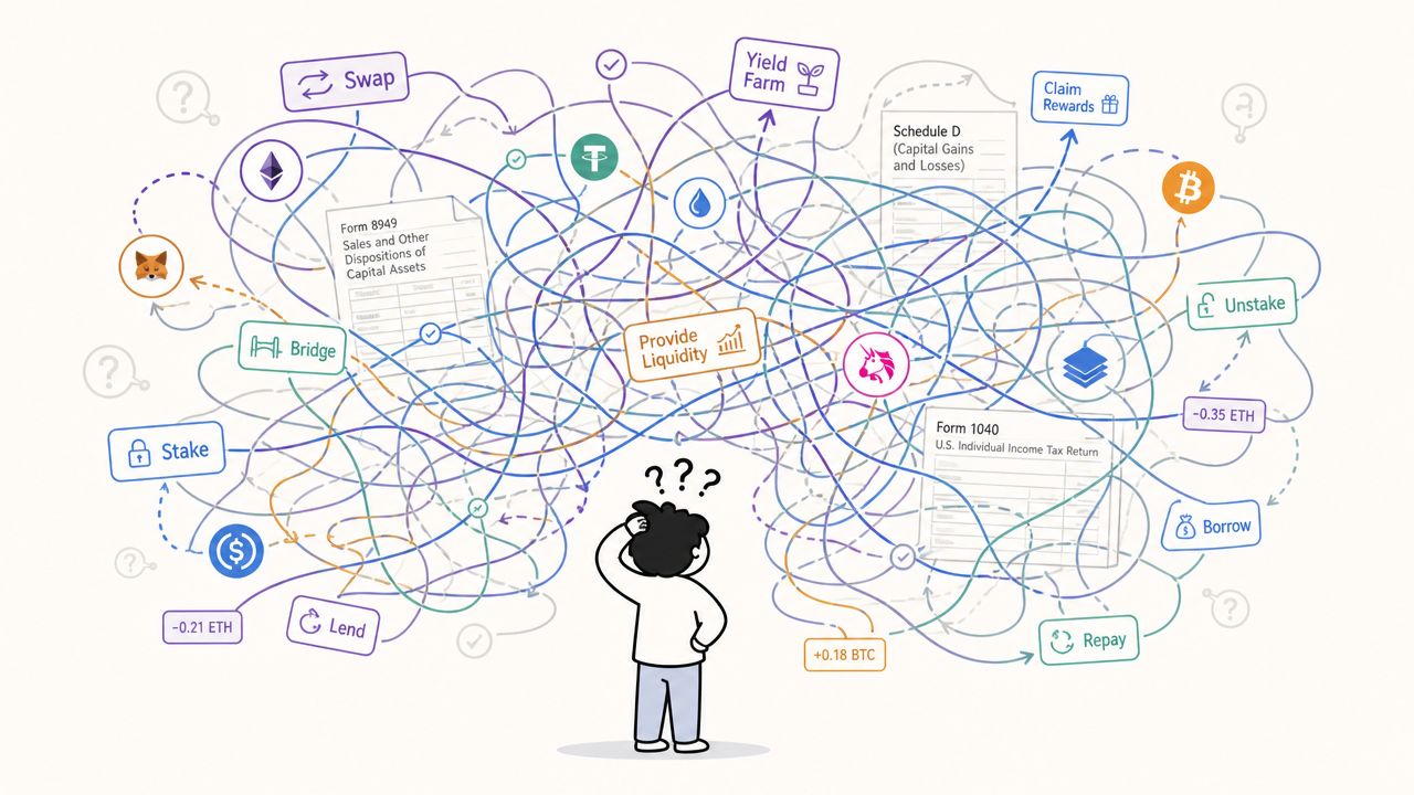 A confused person staring at a complex diagram illustrating the tangled world of cryptocurrency tax reporting.