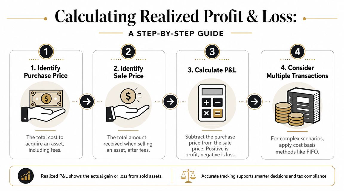 A four-step infographic illustrating the process for calculating realized profit and loss on sold financial assets.