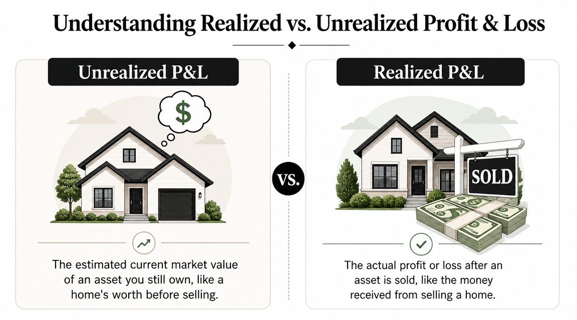 An infographic showing the difference between unrealized profit and loss versus realized profit and loss.