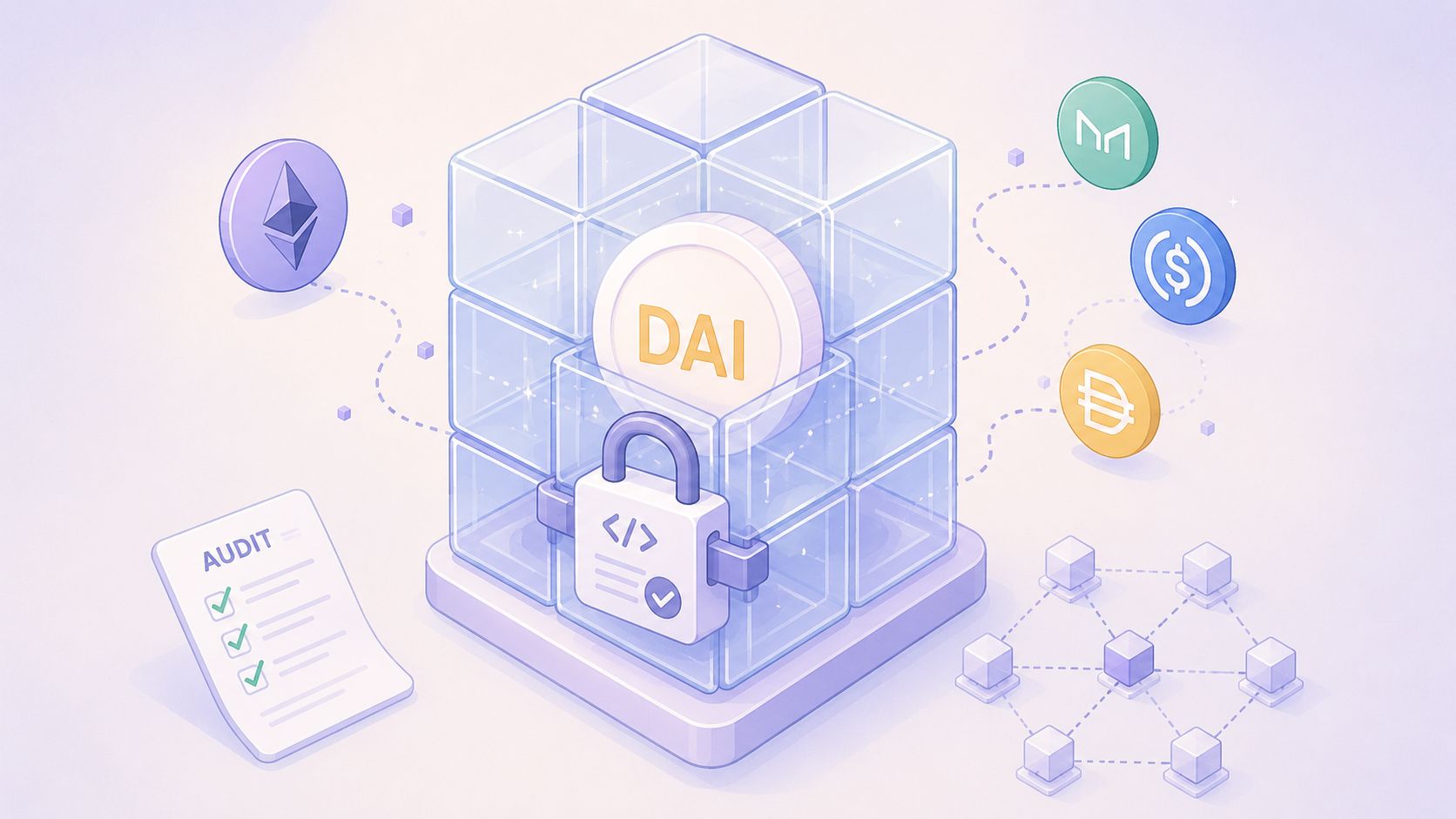 A digital illustration showing the DAI stablecoin inside a transparent vault with icons of connected crypto assets.