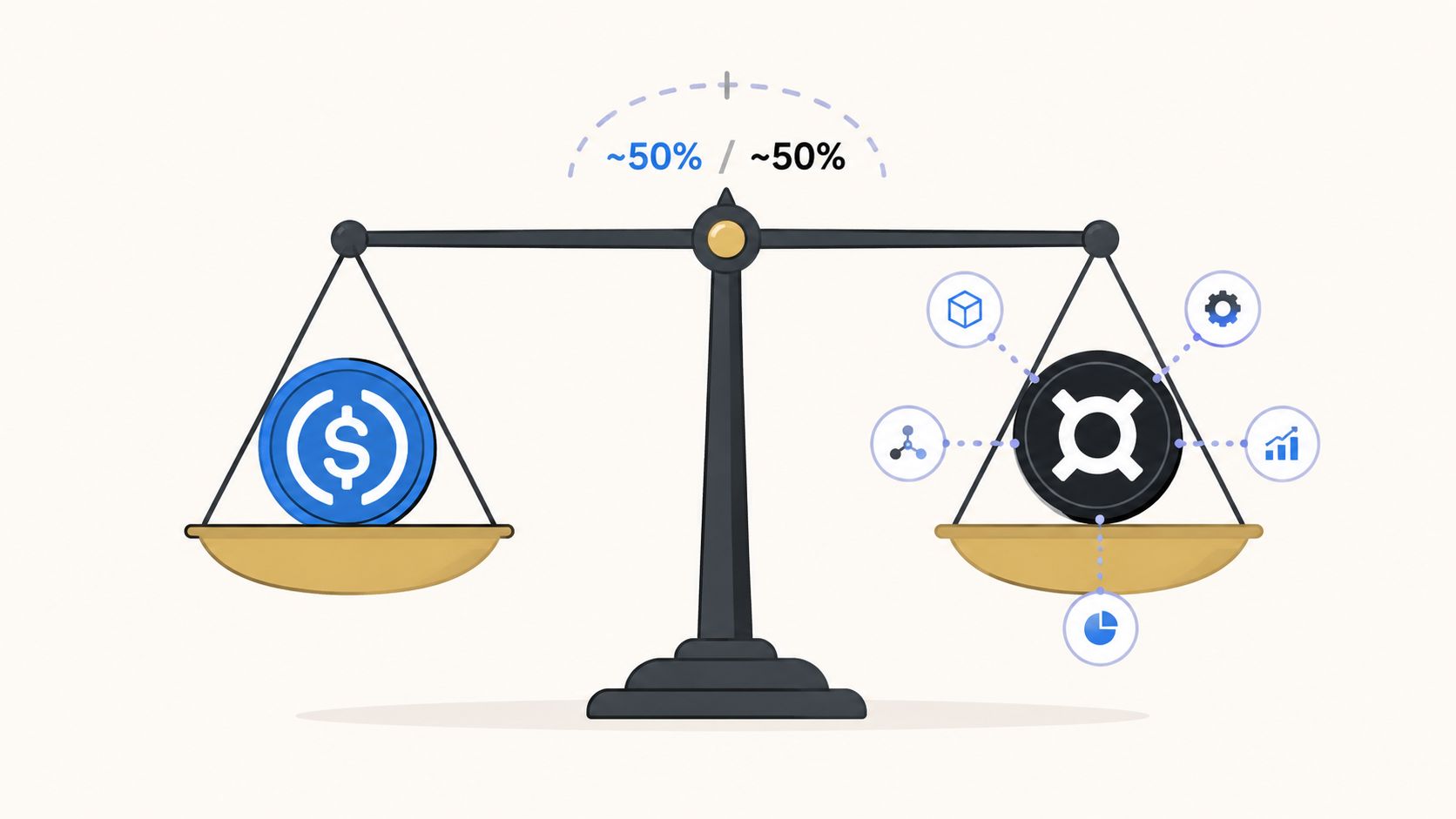 A conceptual scale illustration balancing a blue stablecoin icon against a black Flux cryptocurrency icon.