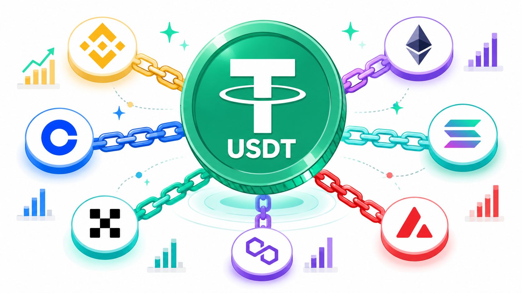 A digital illustration showing the Tether USDT token at the center connected to various cryptocurrency logos by chains.