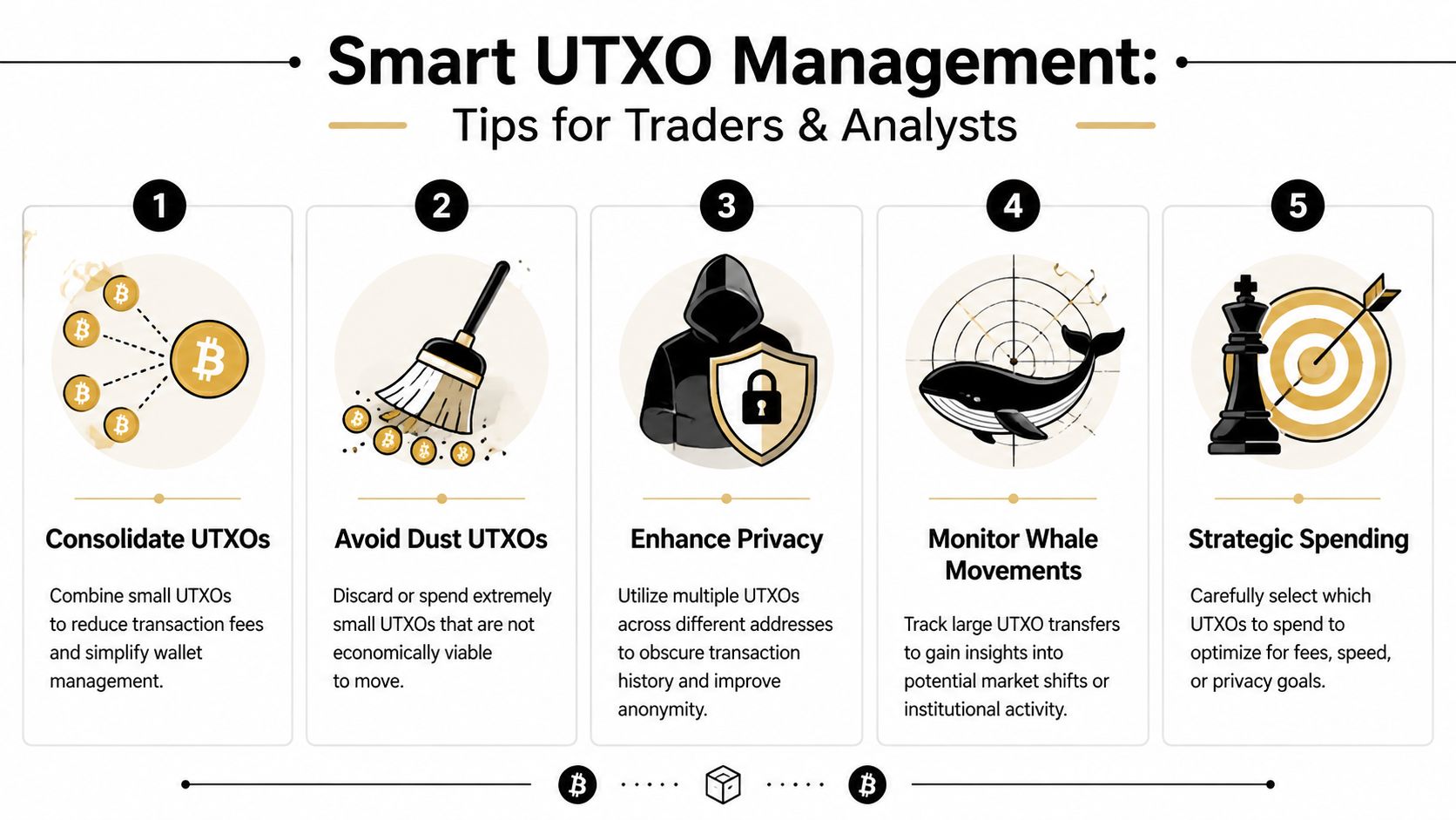 An infographic titled Smart UTXO Management illustrating five key strategies for crypto traders and analysts.