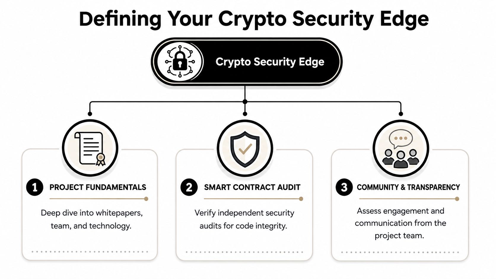 A diagram outlining three essential steps to define your crypto security edge: fundamentals, audits, and community transparency.