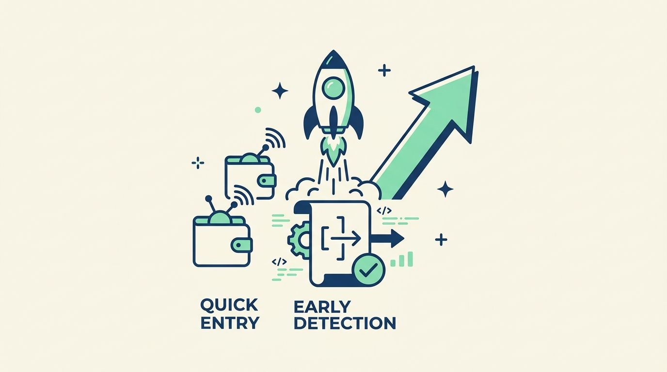 A digital illustration representing copy trading with icons of wallets, a rocket launch, and data detection.