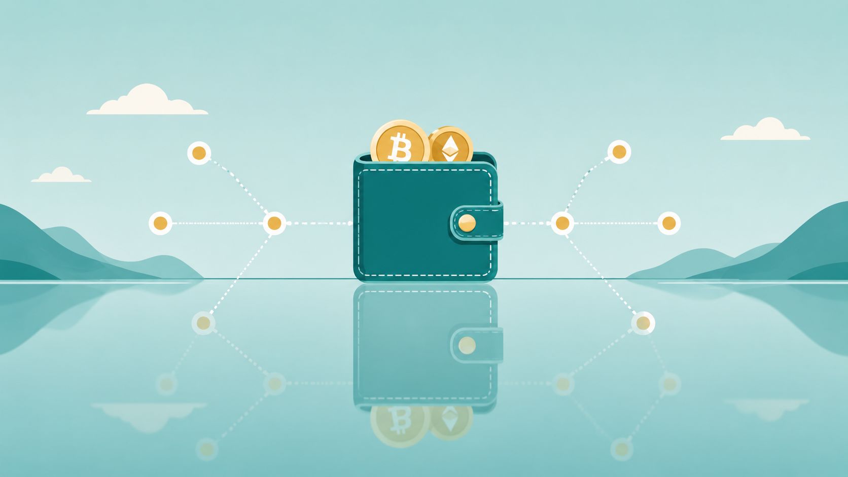 A teal digital wallet containing Bitcoin and Ethereum coins, connected to a network of glowing nodes.