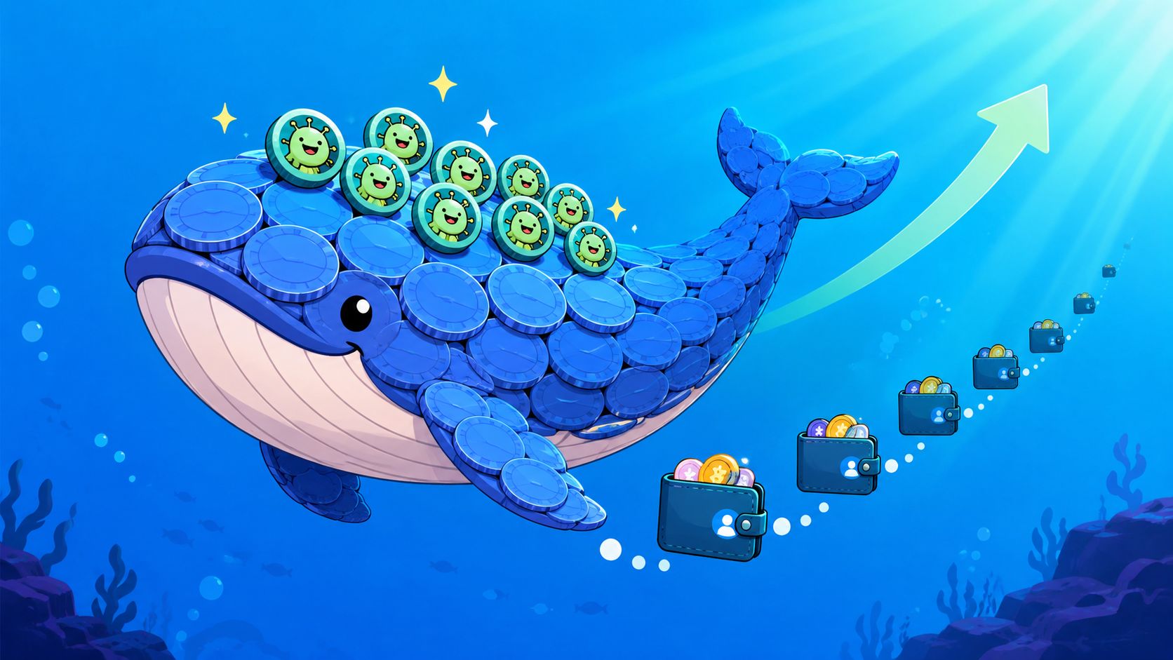 A digital illustration of a blue whale made of coins swimming upwards towards a financial growth arrow.