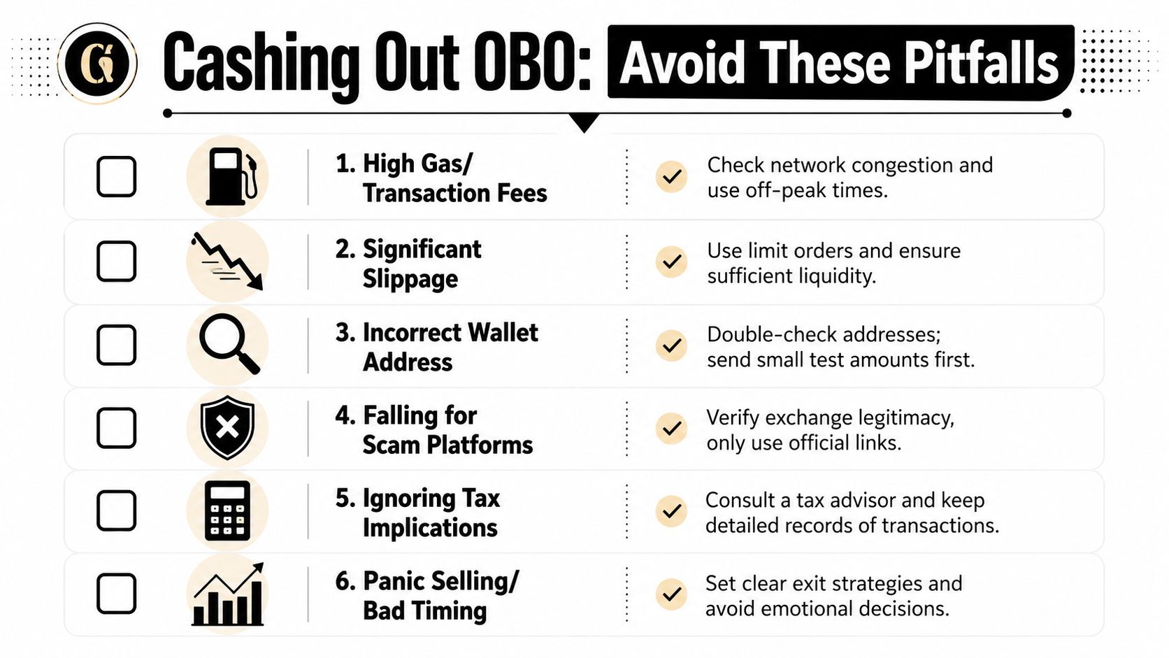 A checklist infographic illustrating six common pitfalls to avoid when cashing out cryptocurrency assets like OBO.
