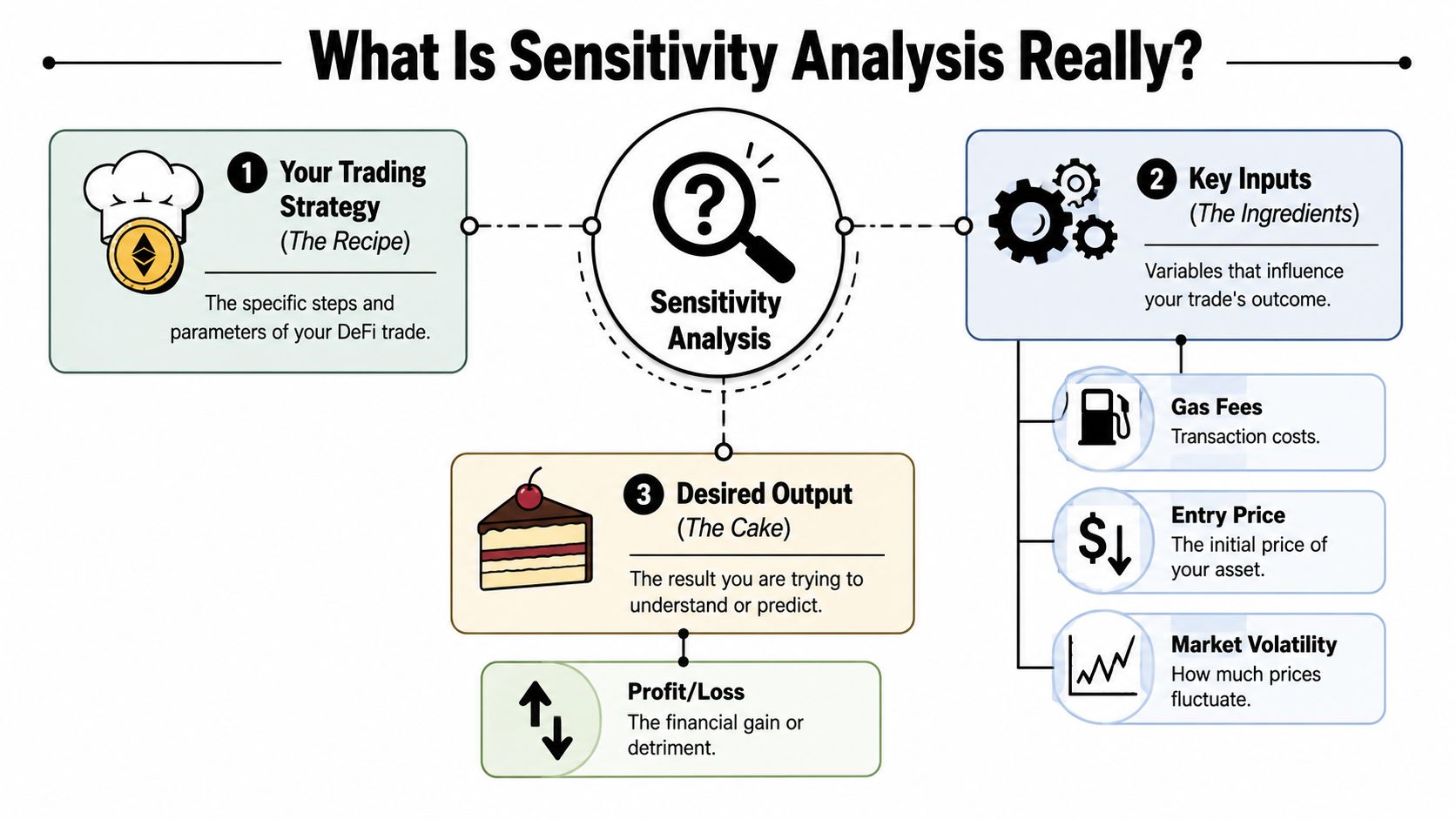 An infographic titled What Is Sensitivity Analysis Really, illustrating trading strategy, key inputs, and desired financial outcomes.