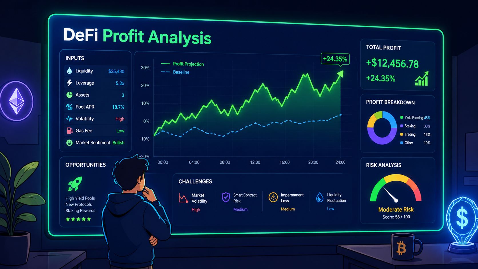 A digital dashboard displaying DeFi profit analysis with charts, risk metrics, and investment inputs for financial planning.