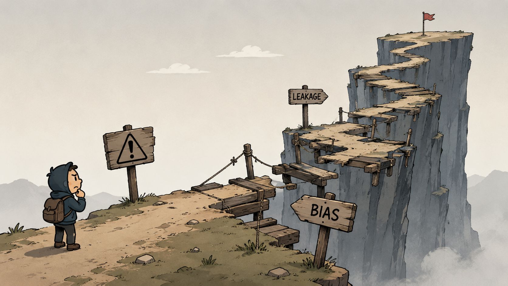 A hiker looking at warning signs marked leakage and bias while approaching a precarious cliffside path.