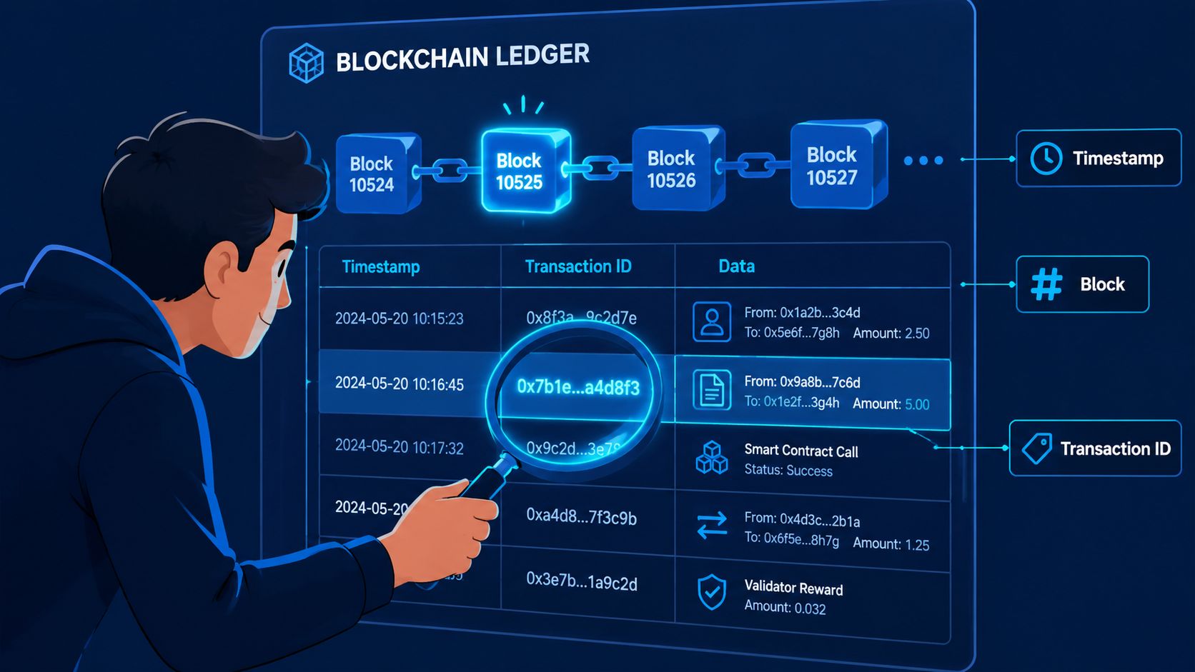 A person examining a blockchain ledger dashboard with a magnifying glass to view transaction details.