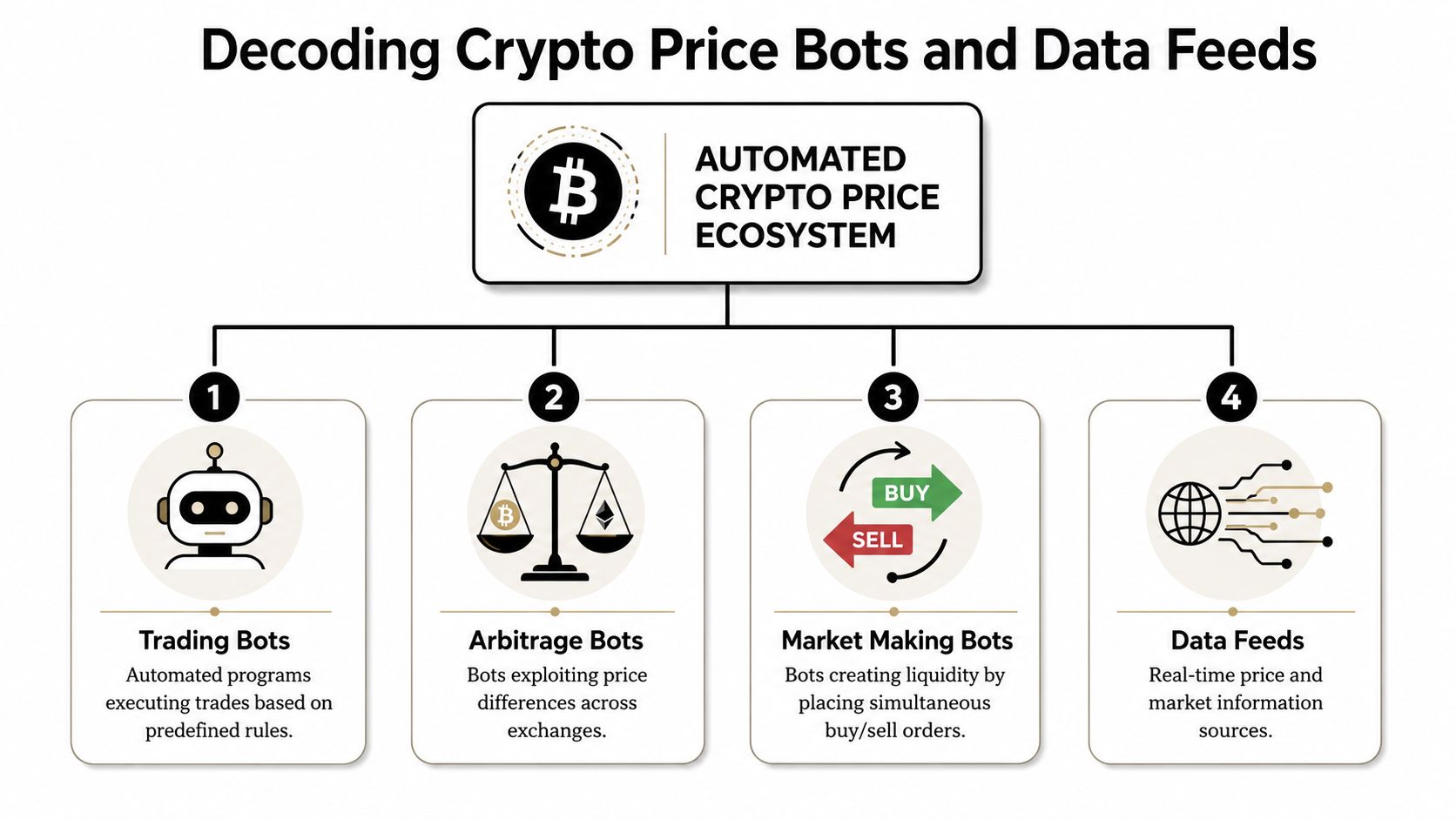 An infographic titled Decoding Crypto Price Bots and Data Feeds displaying four types of automated trading tools.