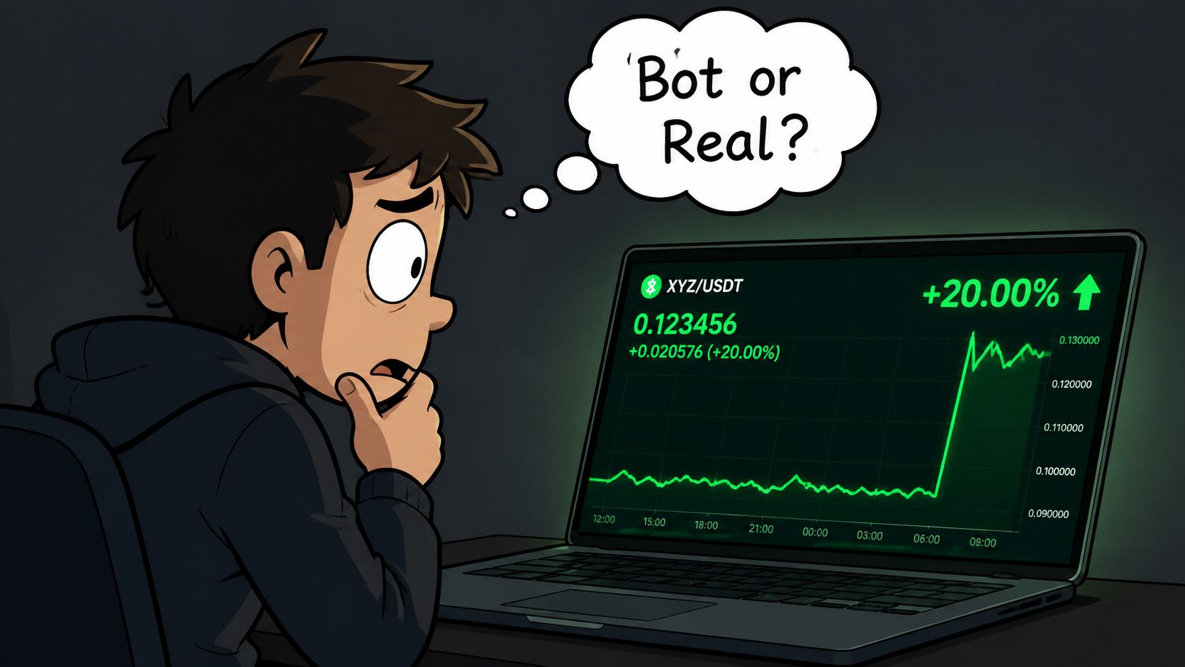A worried young person stares at a laptop screen showing a sharp crypto price surge on a chart.