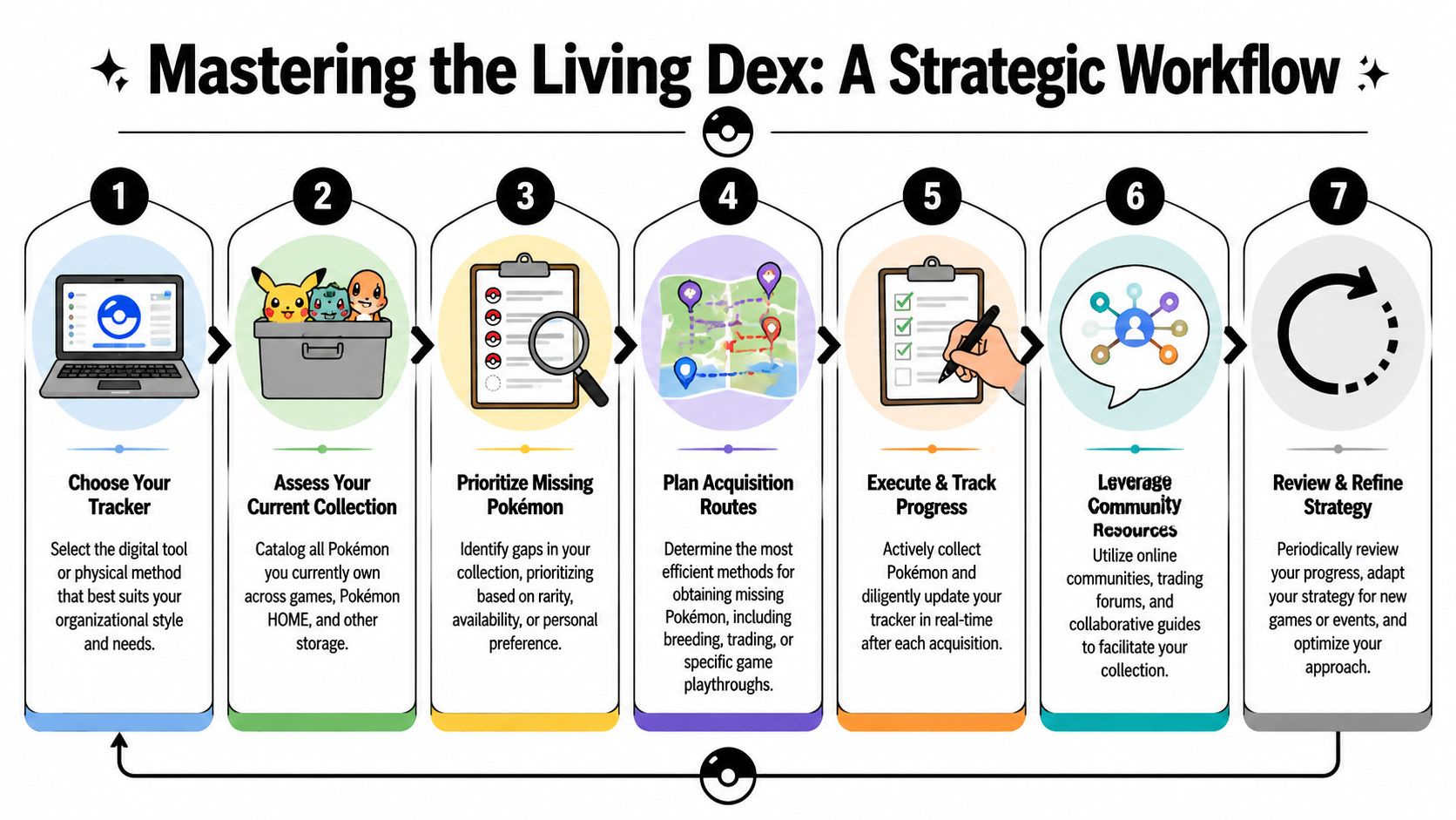 An infographic detailing a seven-step strategic workflow for organizing and completing a Pokémon Living Dex collection.