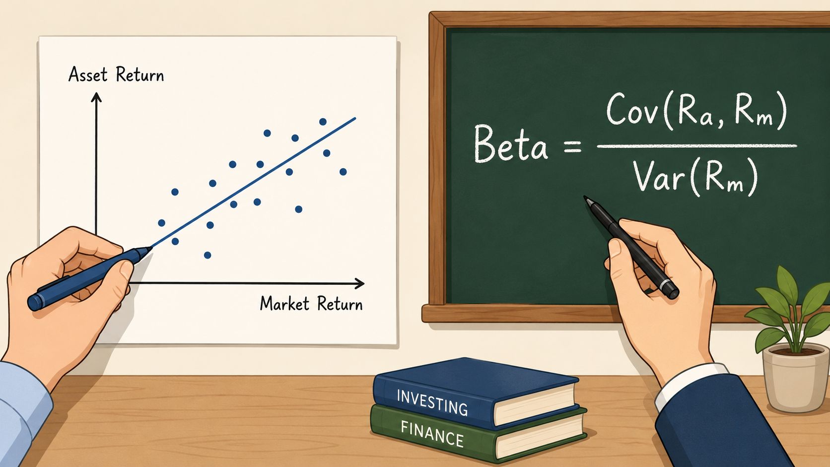 A person illustrating the beta calculation formula on a chalkboard next to a scatter plot graph.
