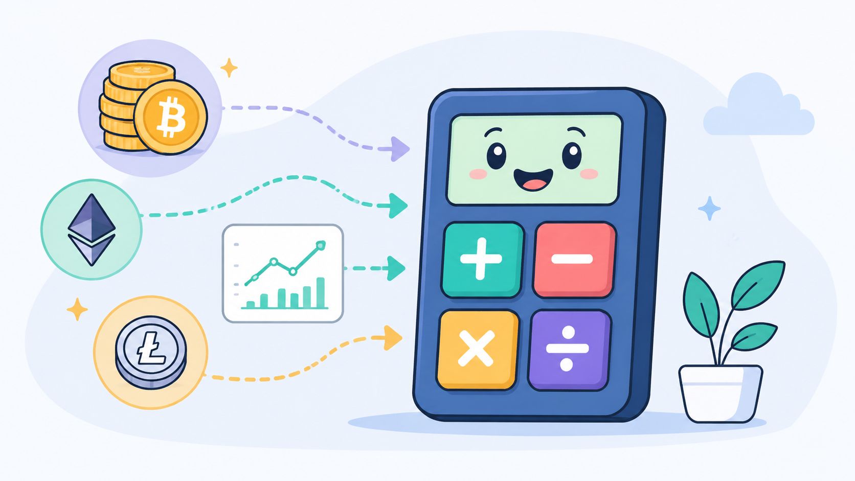 A cute cartoon calculator surrounded by digital currency symbols and a financial growth chart illustration.