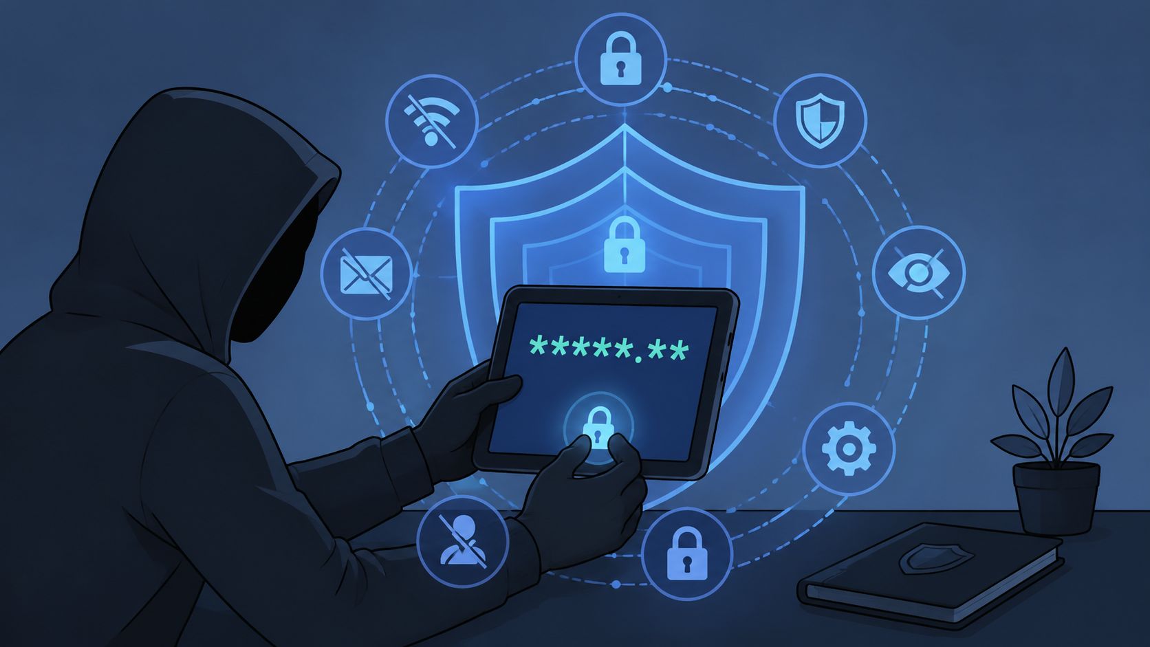 A shadowy hacker sitting in a dark room using a tablet to secure sensitive digital data.