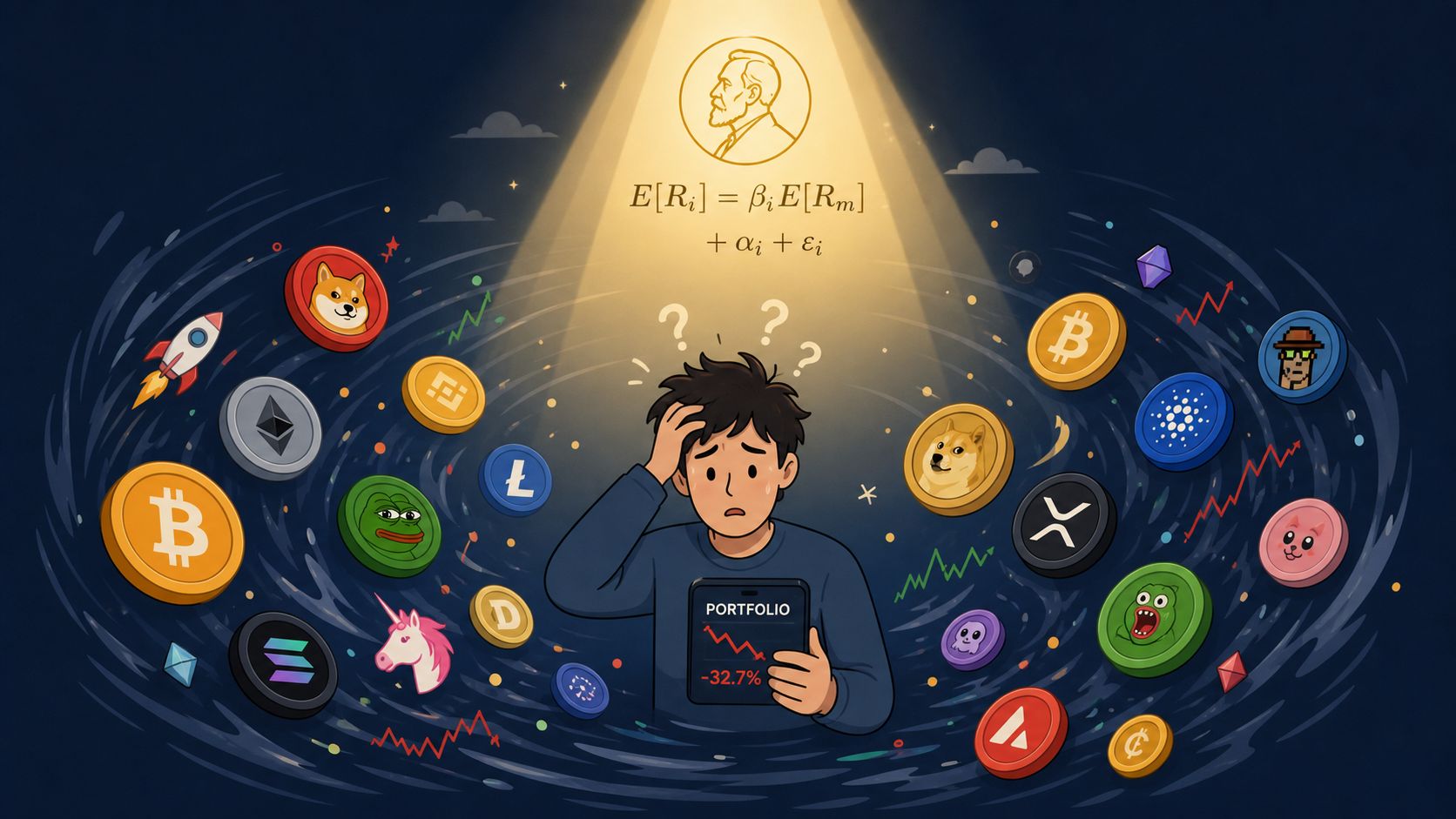 A confused investor surrounded by spinning cryptocurrency coins while looking at a losing portfolio on a tablet.