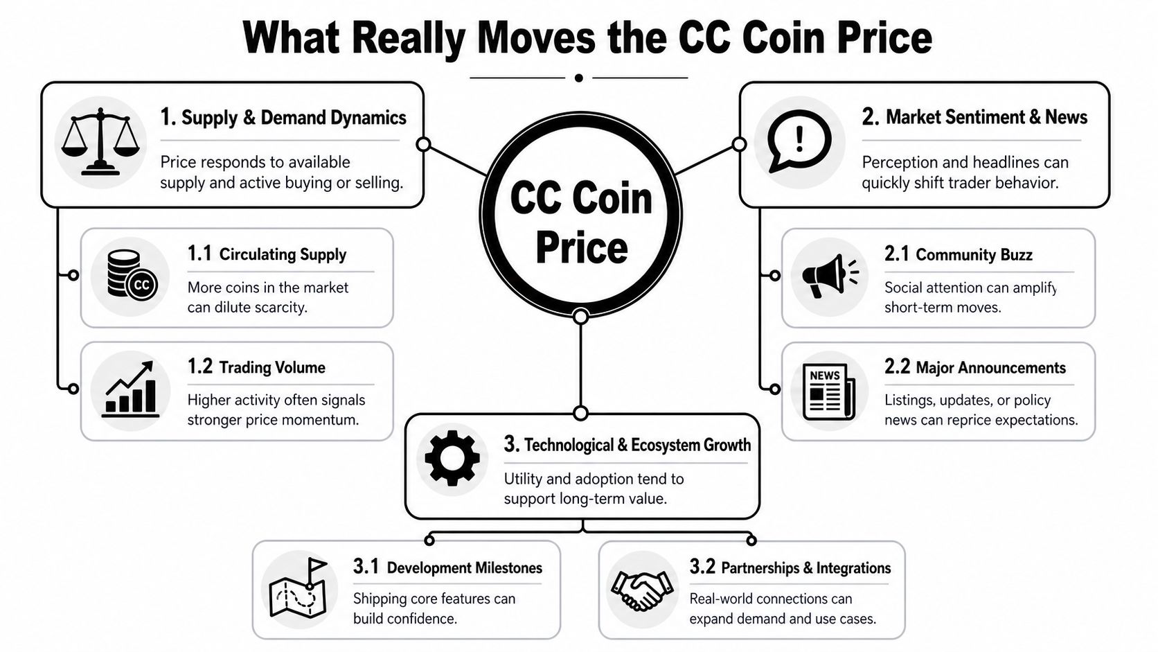 An infographic titled What Really Moves the CC Coin Price, detailing market factors like supply, sentiment, and technology.