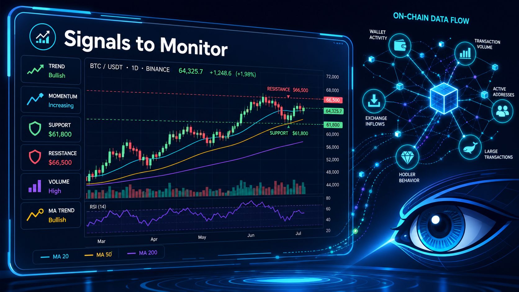 A digital financial dashboard showing Bitcoin price charts, technical analysis indicators, and on-chain data flow metrics.