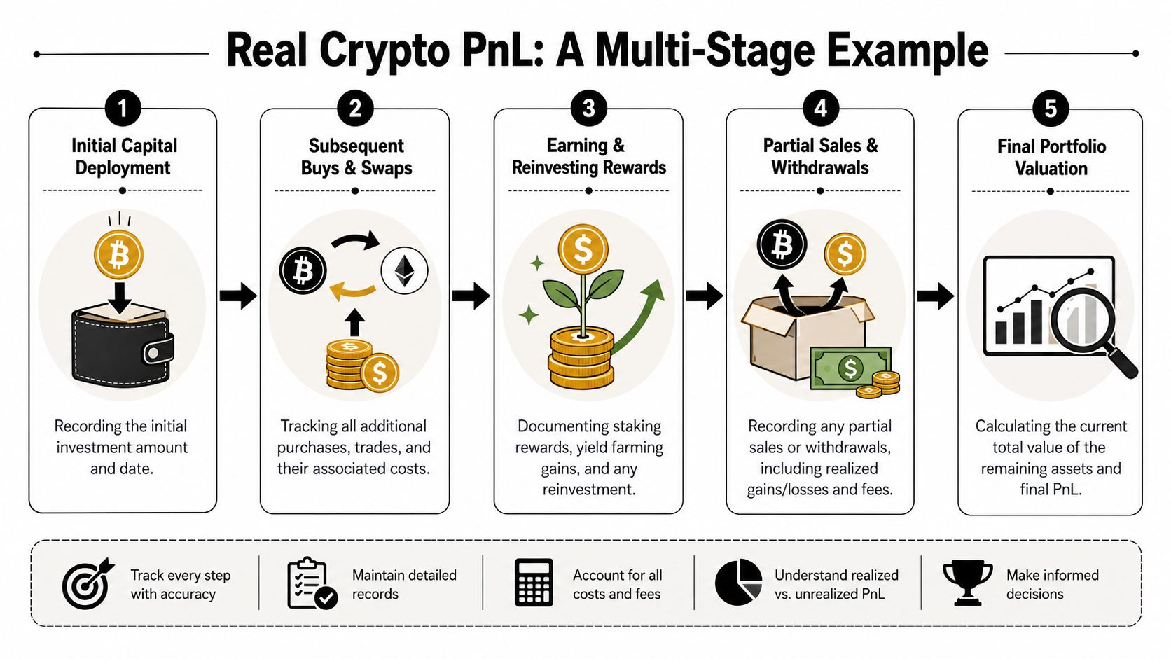 A five-step infographic illustrating the process of calculating real crypto portfolio profit and loss accurately.