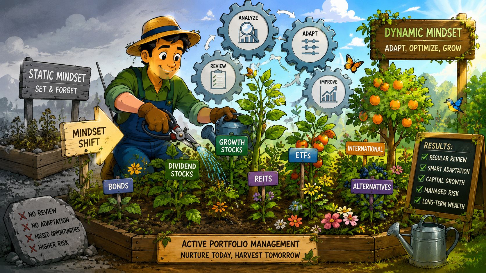 A conceptual illustration comparing a static, neglected garden to an actively managed, thriving garden for portfolio growth.