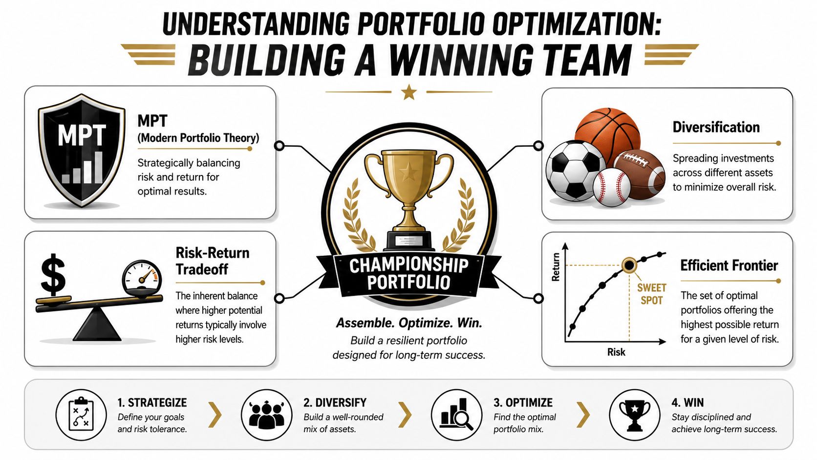 An infographic titled Understanding Portfolio Optimization explaining MPT, diversification, risk-return trade-offs, and the efficient frontier.