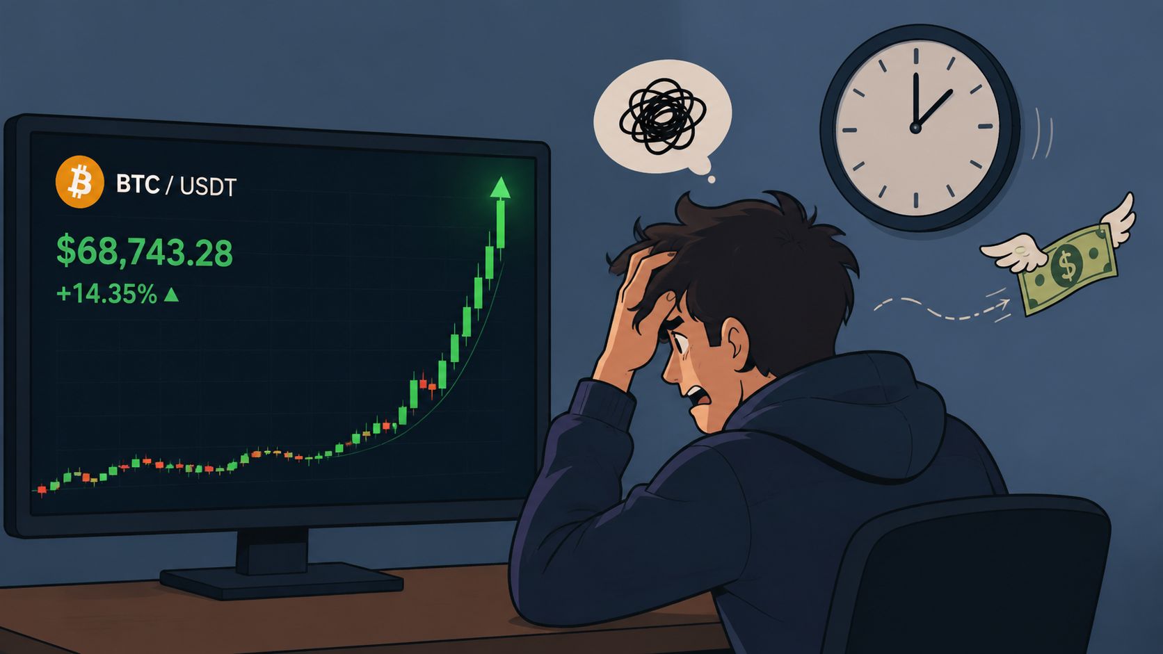 A stressed man watching a rising Bitcoin price chart on a computer monitor with money flying away.