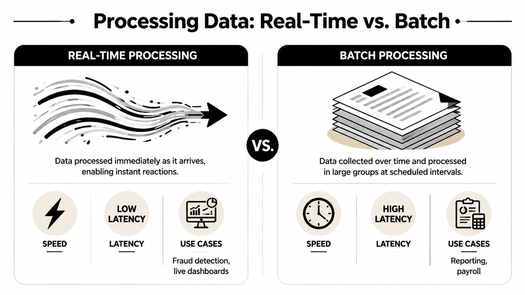 A comparison chart showing the differences between real-time processing and batch processing data systems.