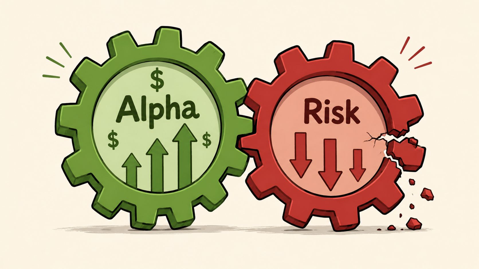 A green gear showing growth representing Alpha and a broken red gear showing reduction representing Risk.