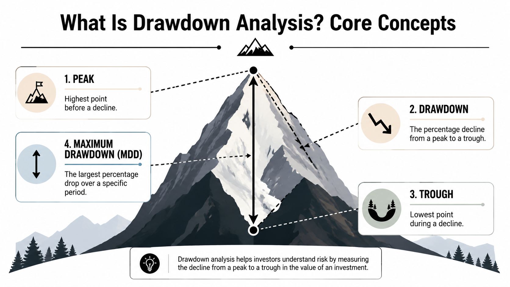 An educational infographic explaining drawdown analysis, featuring peak, drawdown, trough, and maximum drawdown concepts on a mountain.