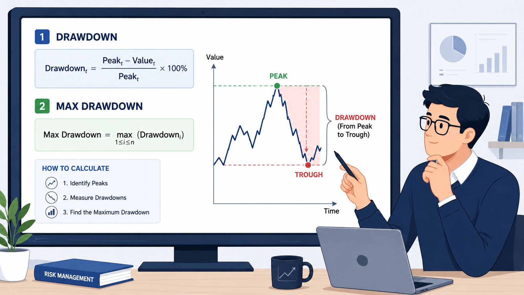 A professional man explaining the financial concept of drawdown and max drawdown using an illustrated chart.