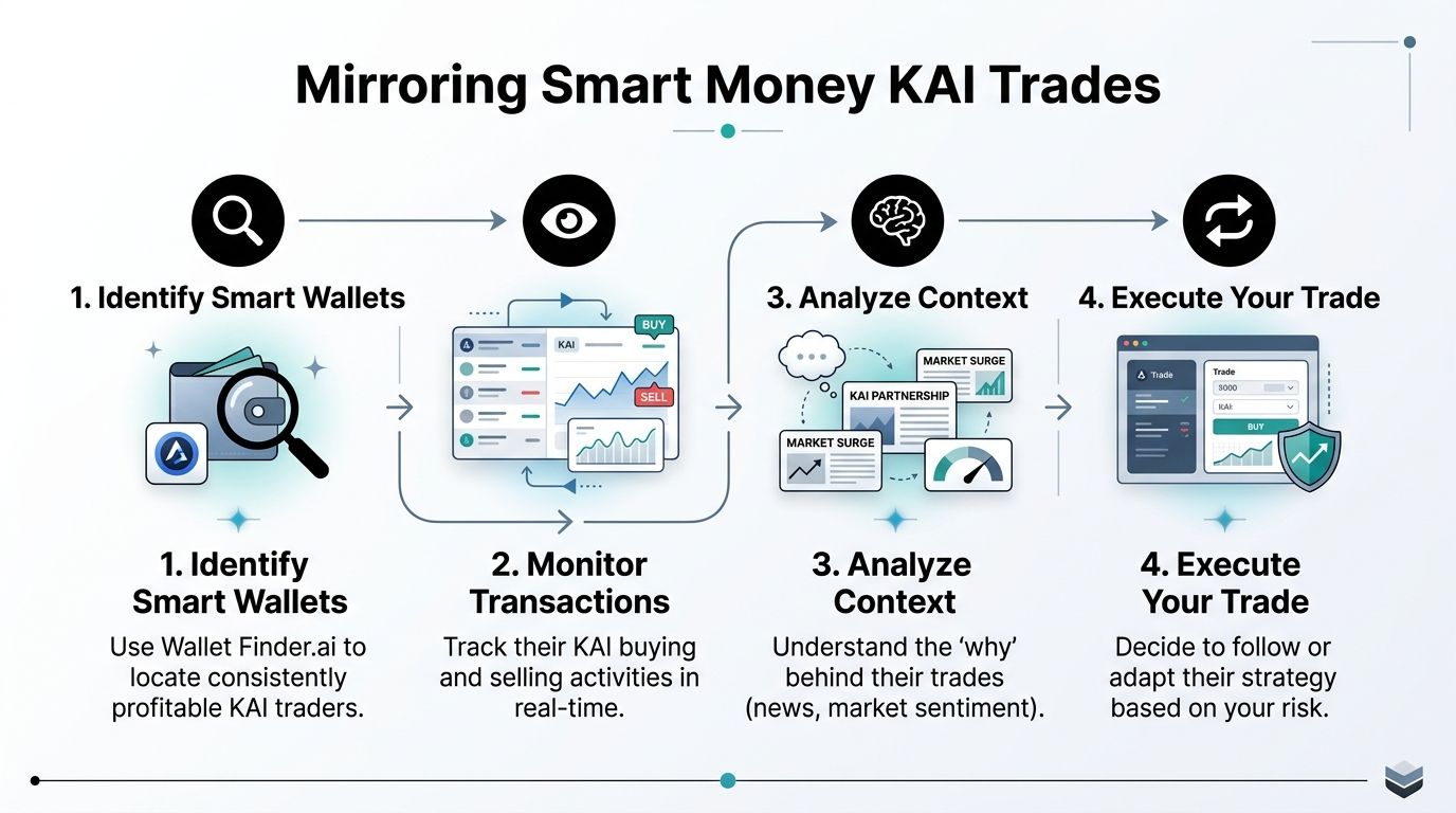 A step-by-step infographic showing how to mirror profitable smart money traders for KAI cryptocurrency investments.