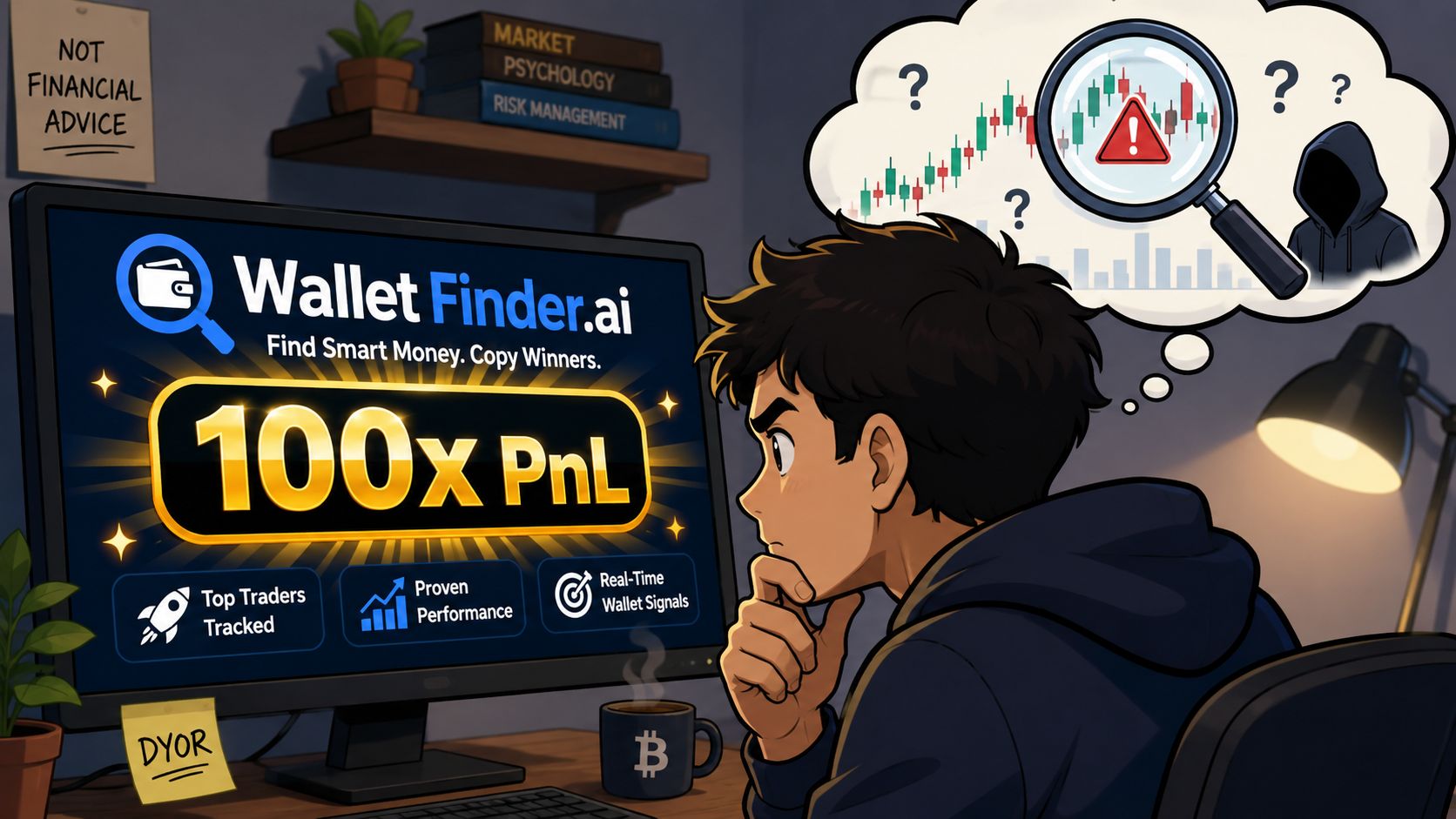 An anime style illustration showing a young man analyzing financial charts on a computer screen suspiciously.