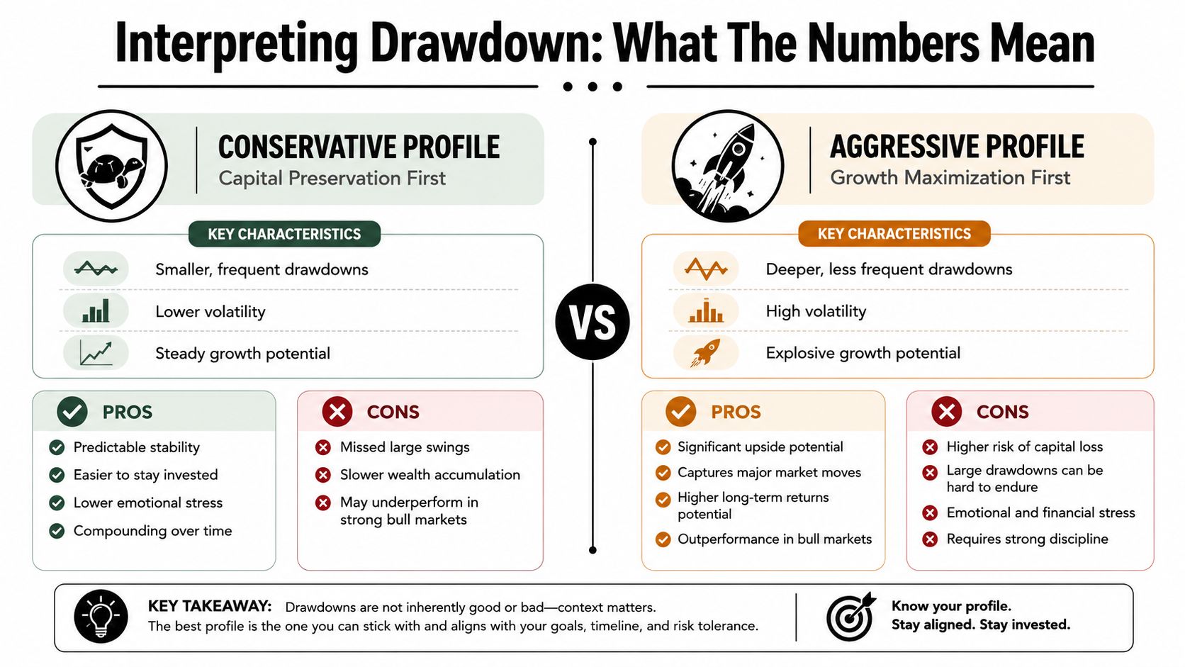 A comparison infographic between conservative and aggressive investment profiles highlighting characteristics, pros, and cons of drawdown patterns.