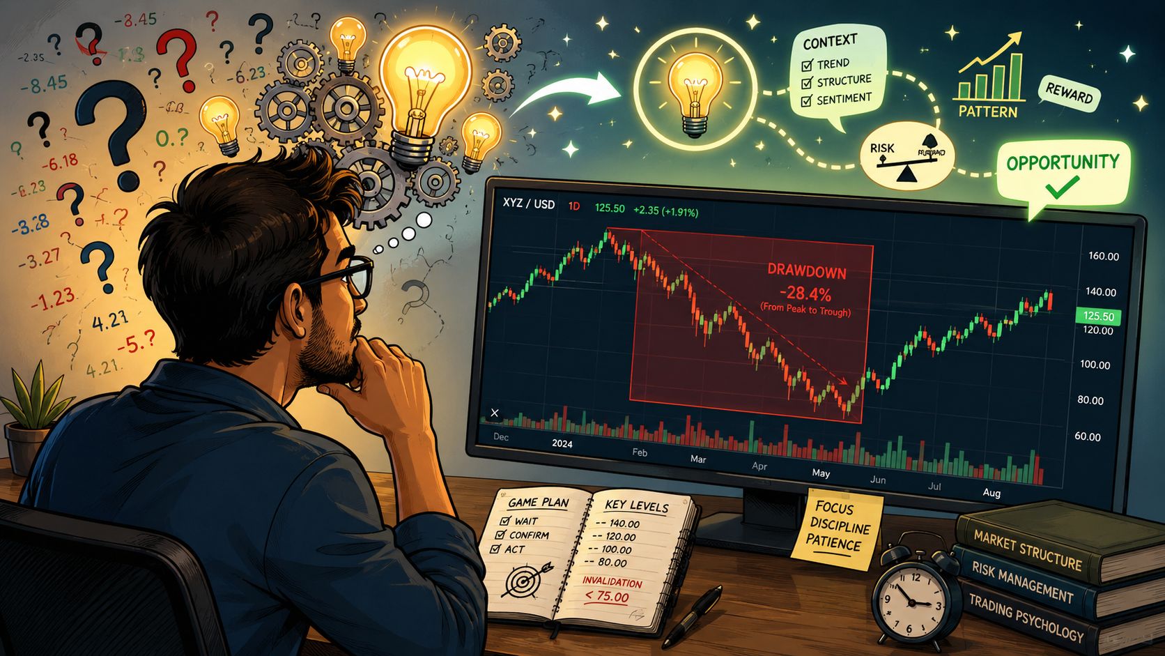 A trader analyzing stock market drawdown data on a computer screen while referencing a strategic trading journal.