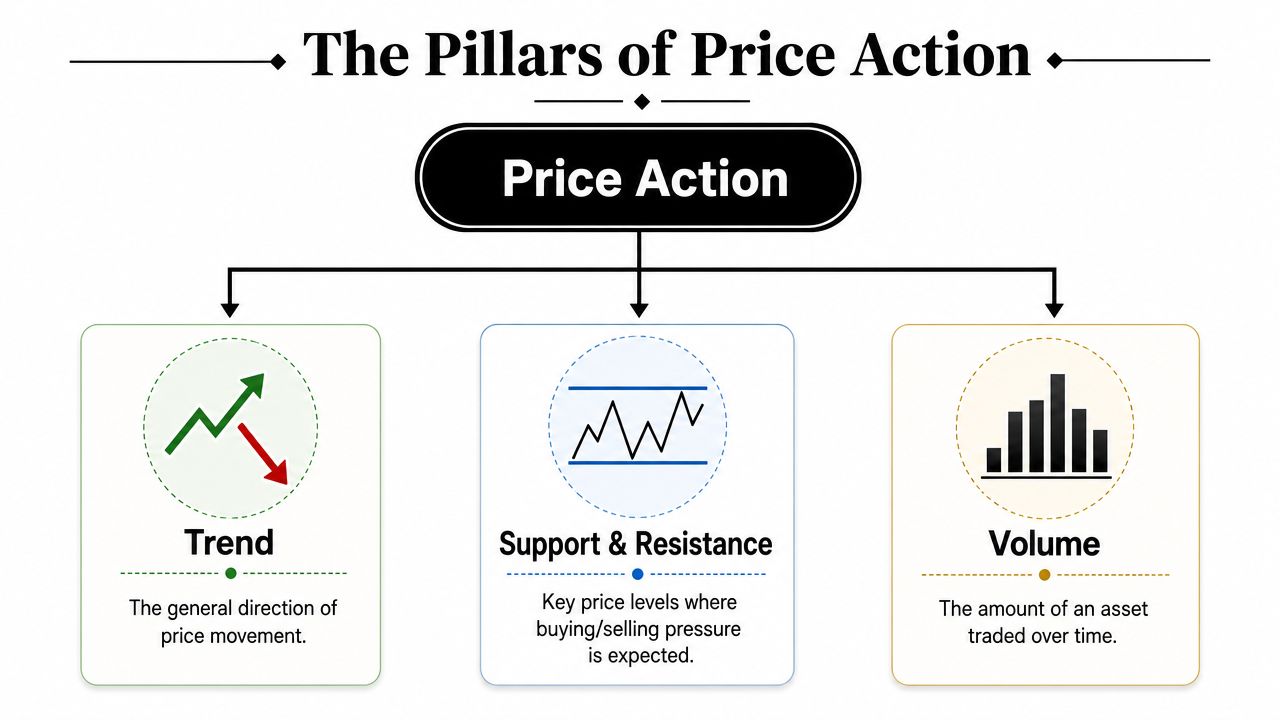A diagram illustrating the three pillars of price action: Trend, Support and Resistance, and Volume in trading.