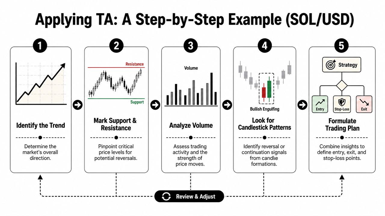 A five-step infographic illustrating the process of applying technical analysis for trading SOL/USD cryptocurrency pairs.