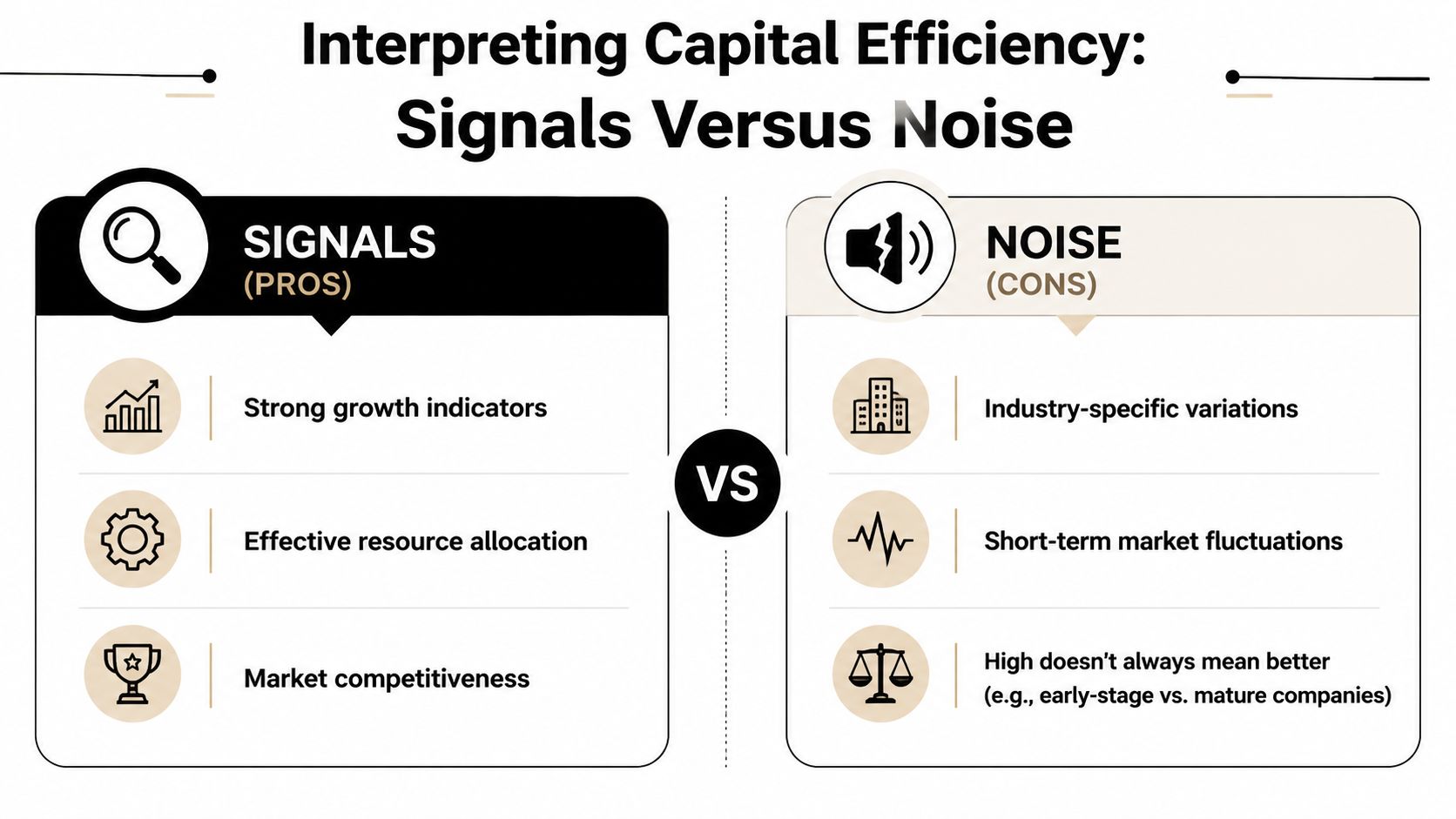 A comparison infographic titled Interpreting Capital Efficiency showing pros labeled as signals and cons labeled as noise.