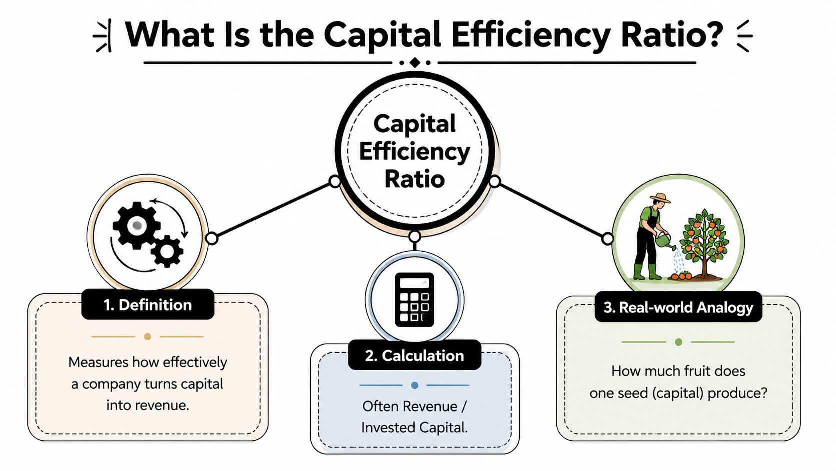 A diagram explaining the capital efficiency ratio with definitions, calculations, and a simple agricultural analogy.