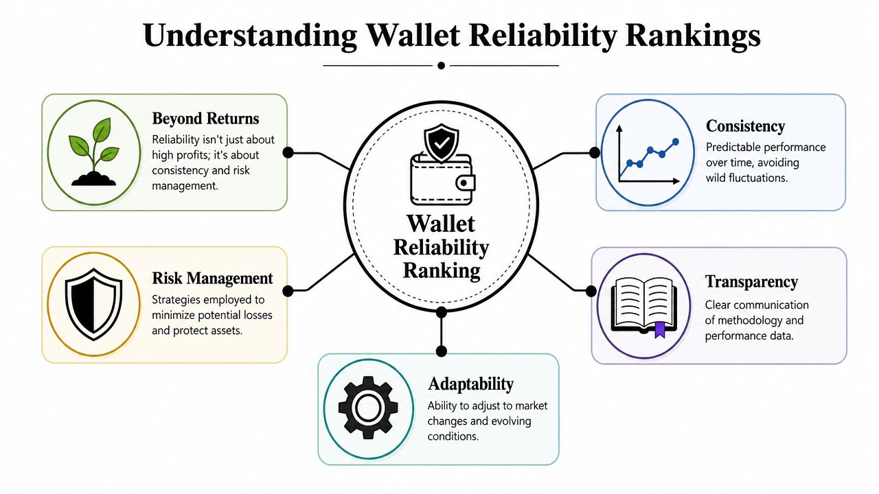 A diagram illustrating the key factors for determining wallet reliability rankings, including consistency, risk management, and transparency.