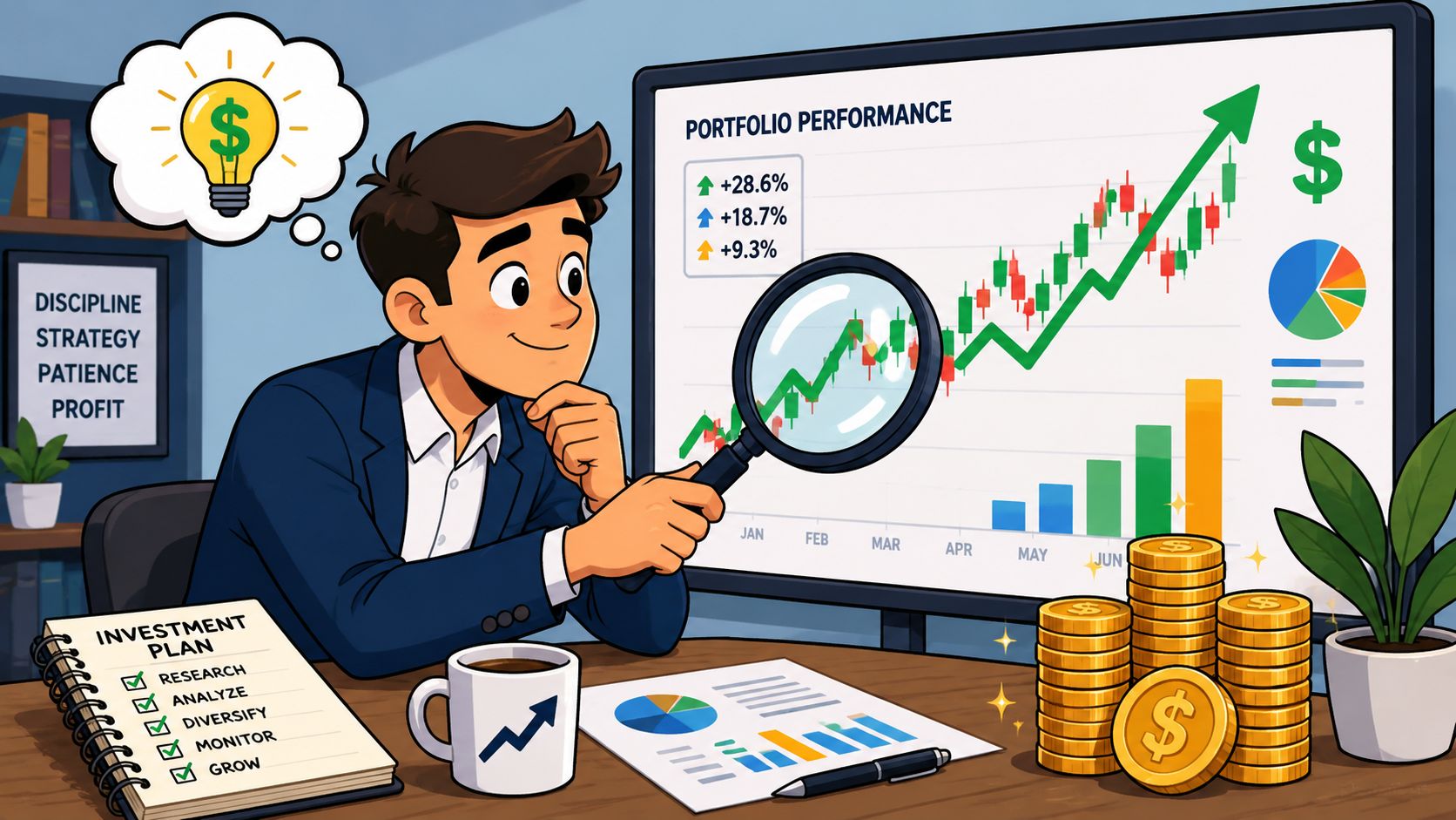 A professional man inspecting a rising stock market portfolio performance graph with a magnifying glass.
