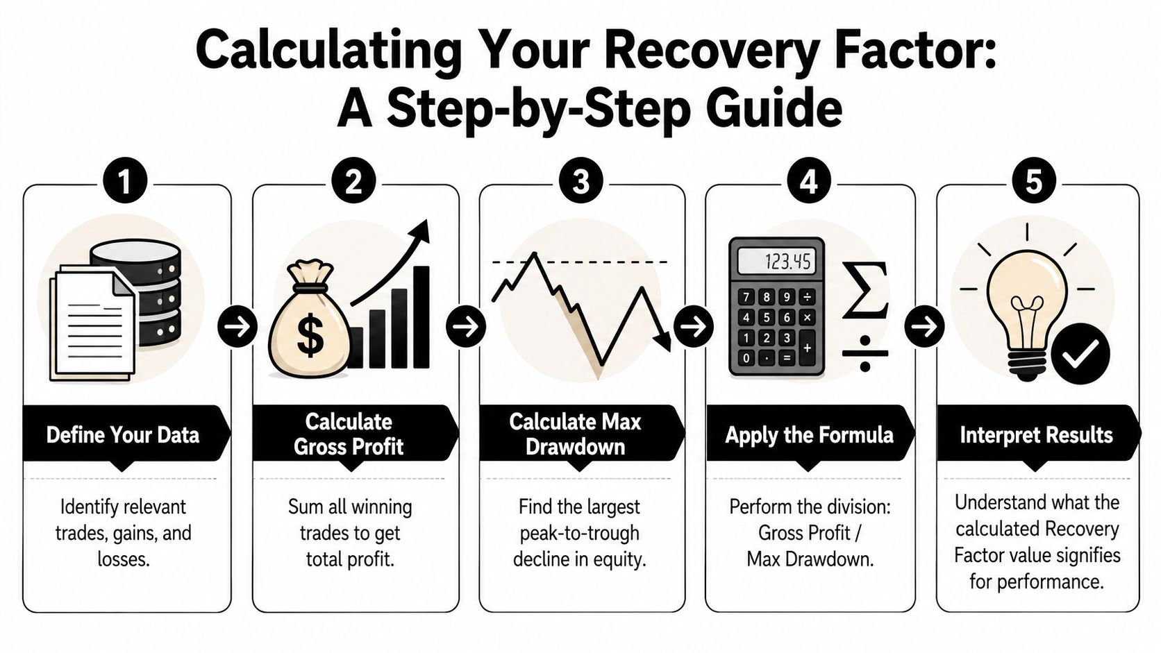 A five-step infographic illustrating the process for calculating your recovery factor in financial trading.