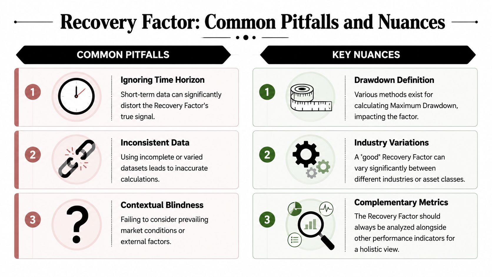 An infographic detailing common pitfalls and key nuances related to the financial metric known as Recovery Factor.