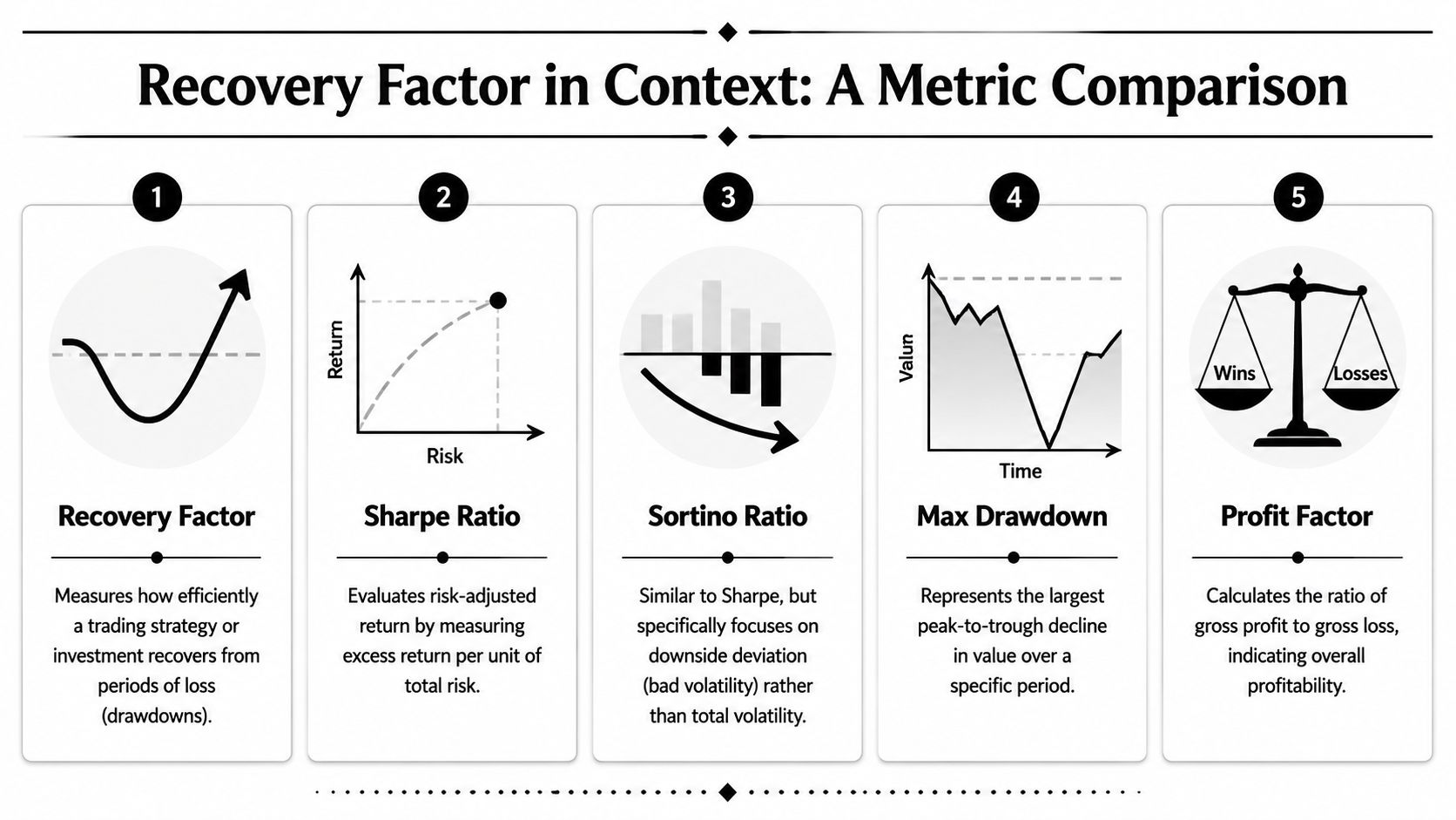 An infographic illustrating five financial metrics including recovery factor, Sharpe ratio, Sortino ratio, max drawdown, and profit factor.