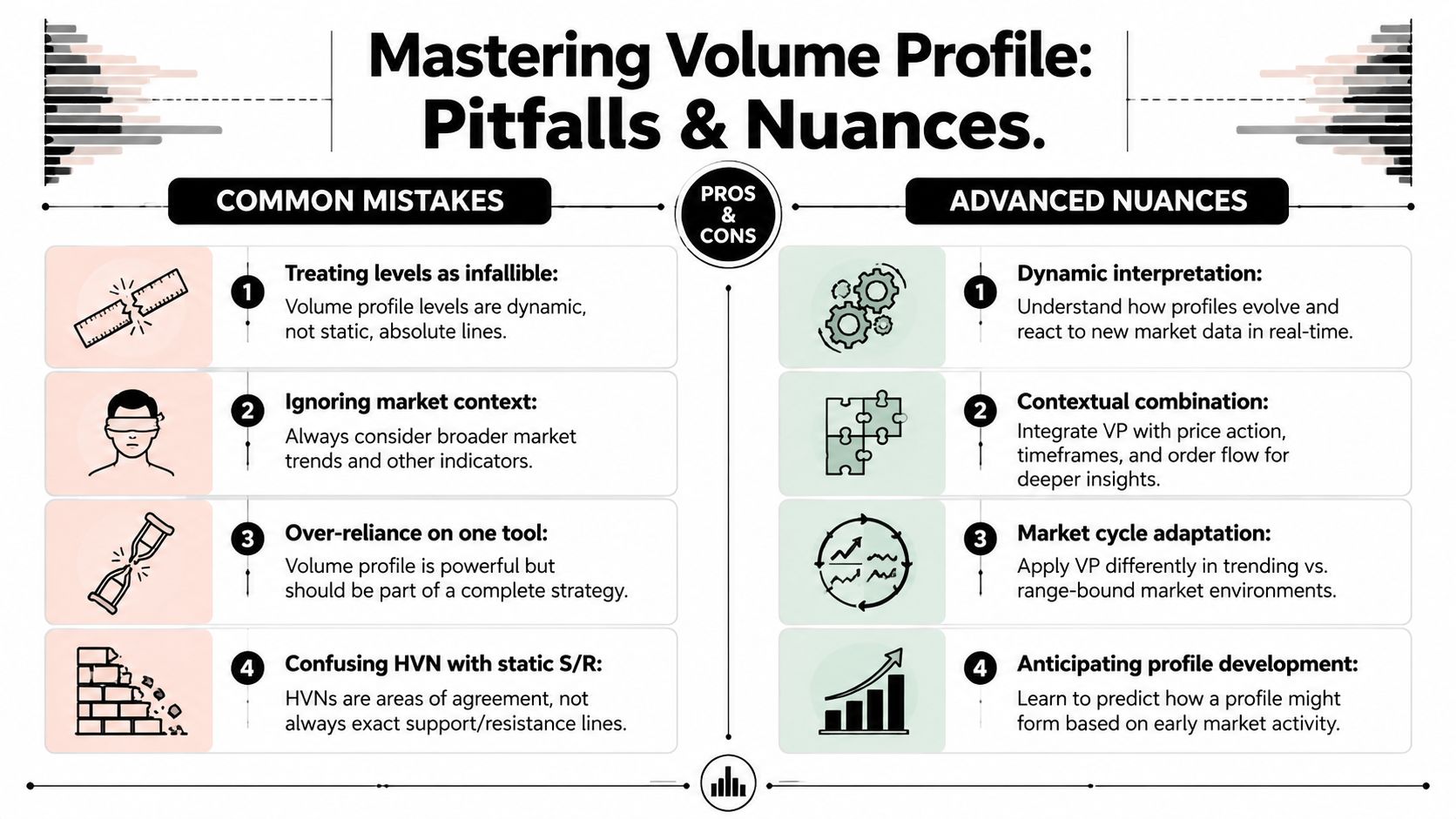 An infographic titled Mastering Volume Profile detailing common mistakes and advanced nuances for market analysis trading.