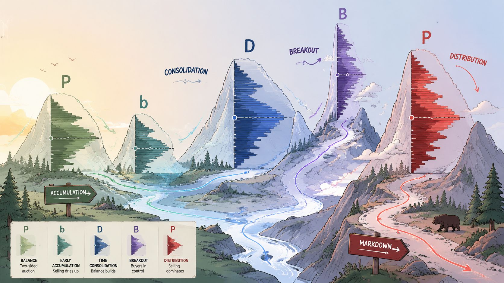 A visual landscape illustration explaining financial market phases using volume profile mountain shapes and trend directions.