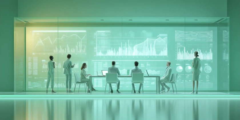Group of digital lab specialists sitting and standing around a table assessing data, representing GA4 analytics
